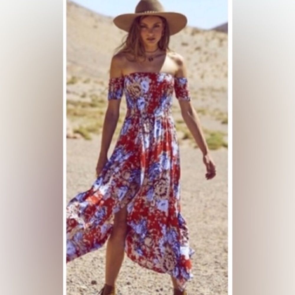 Auguste The Label Off-Shoulder Red & Blue Floral Maxi Dress